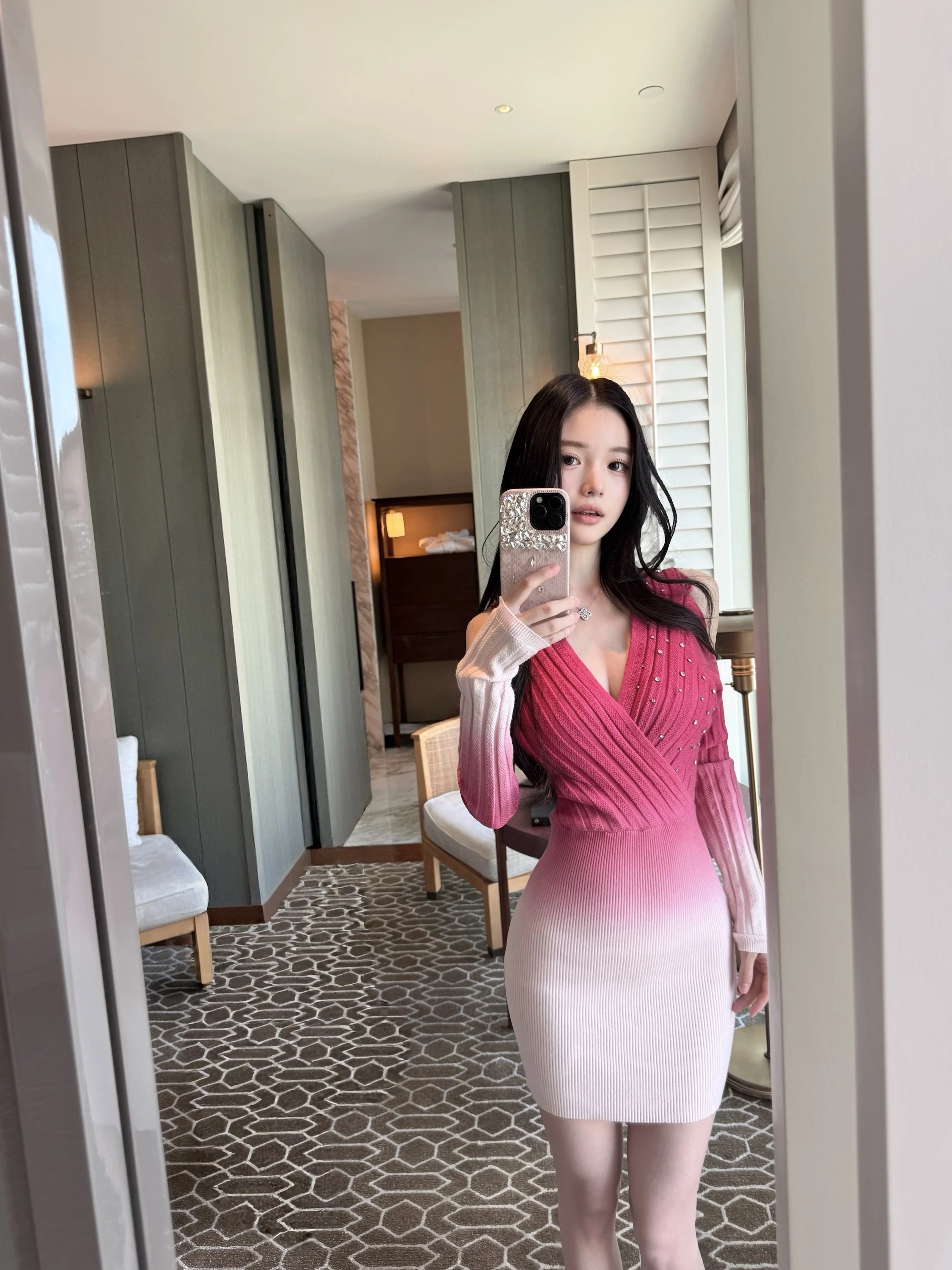 

Qiauuu adient Rose Pink Knitted V-Ne Dr oulder Bared Women's Skirt Sexy High Elastici Long Sve Casual Evening