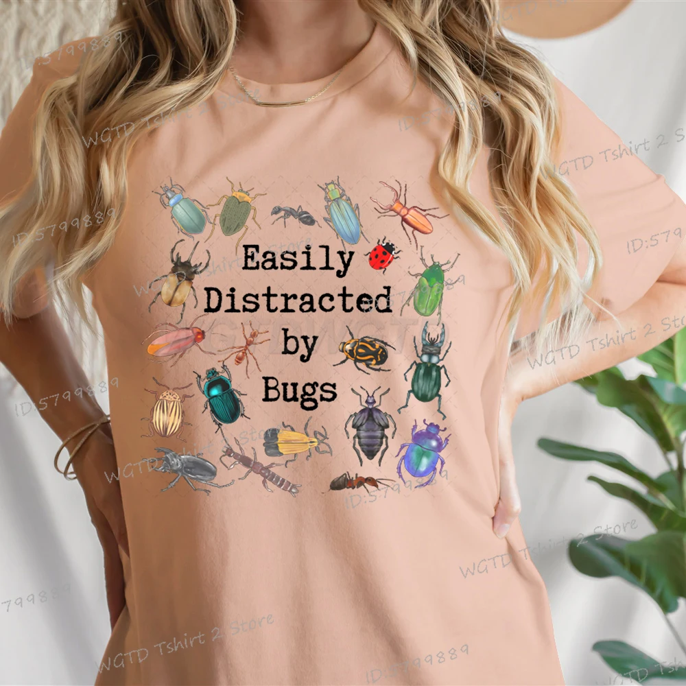 Easily Distracted By Bugs Print Crew Neck T-Shirt Women Entomo Short Sleeve T Shirt Casual Entomology Lover Gifts Female Tshirt