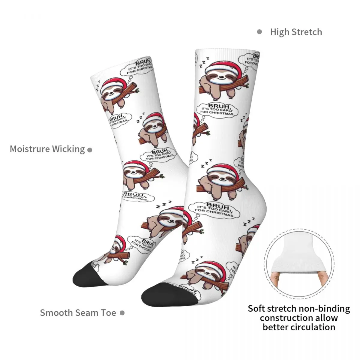 Bruh, It's Too Early For Christmas, Sleeping Sloth Socks Harajuku Stockings All Season Long Socks for Unisex Christmas Gifts