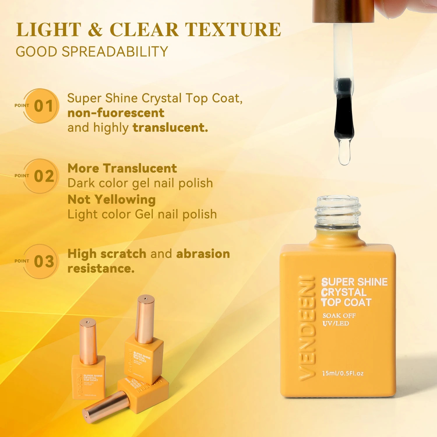 Vendeeni, nueva fórmula, arte de uñas, capa superior de cristal súper brillante de alta calidad, función de esmalte de uñas en Gel Uv NoWipe