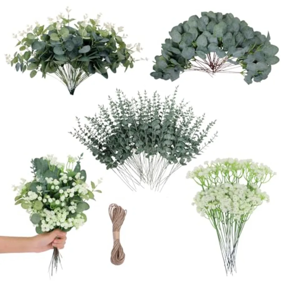 

4 вида искусственных стеблей эвкалипта, смешанные искусственные зеленые стебли, искусственные стебли эвкалипта «Серебряный доллар», оптом, стебли гипсофилы для декора