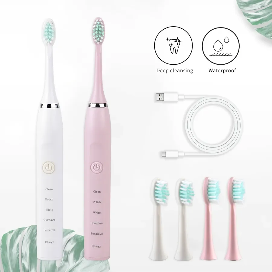 USB Type Adults Timer Sonic Electric Toothbrush Teeth Ultrasonic Automatic Vibrator Whitening IPX7 Waterproof Clean Brush Head