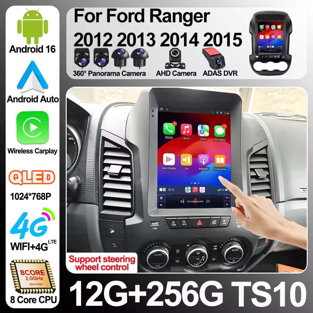 Radio Multimedia para Auto Android 16 de 9.7 Pulgadas para Ford Ranger 2012 2013 2014 2015, Reproductor de Video, Carplay, Estéreo para Auto, Navegación GPS 5G
