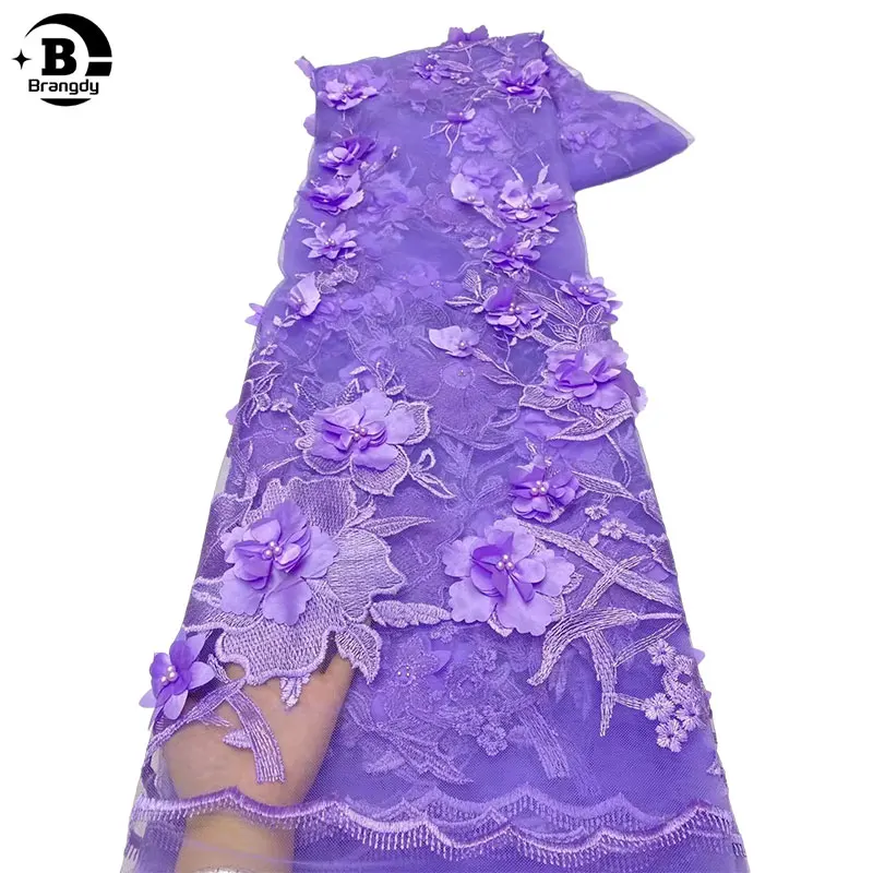 Tissu de dentelle de tulle perlé 3D de luxe, fleur brodée, tissu NigWin pour la couture, 5 mètres, Dubaï, X380085, 2024