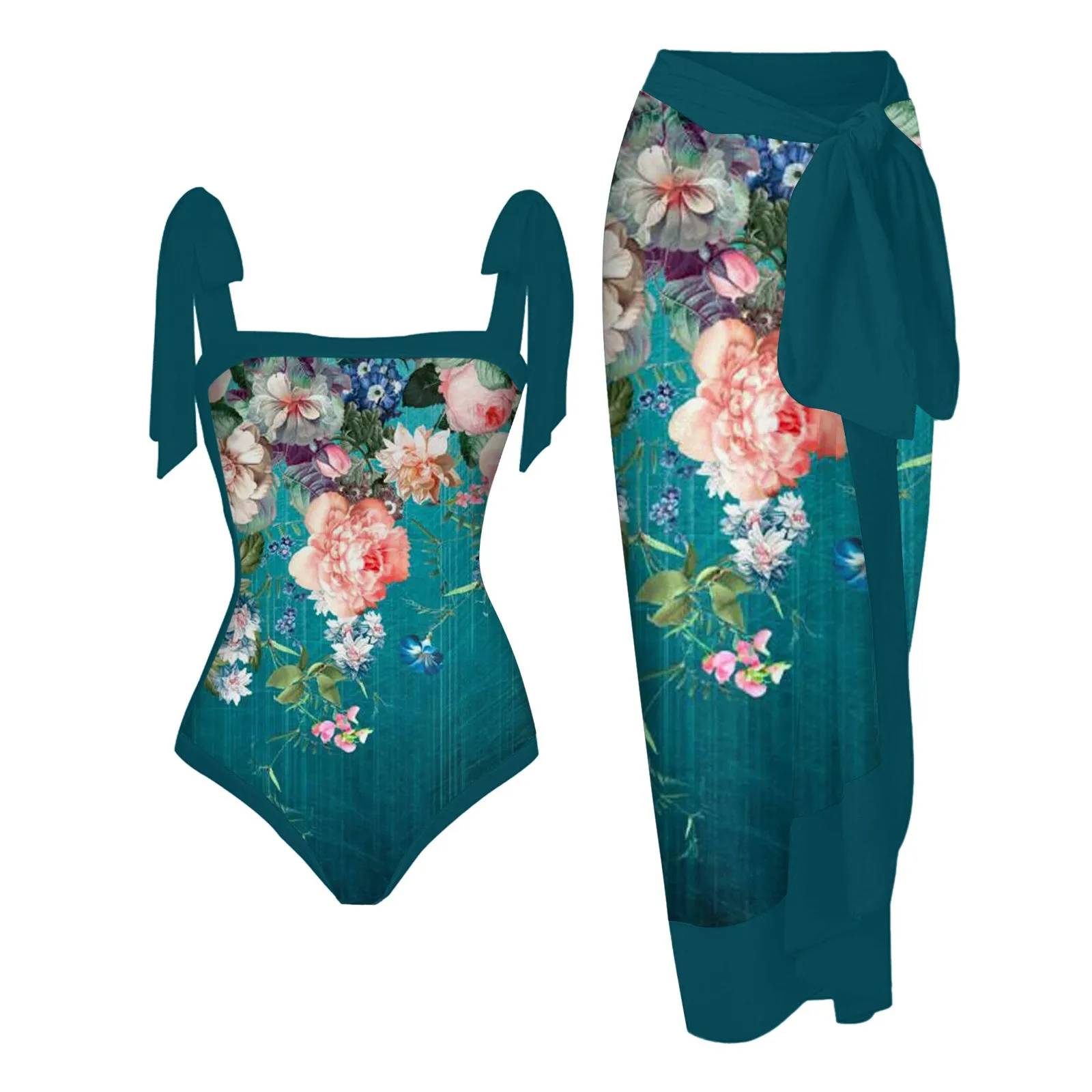 Bañador de una pieza con estampado Floral para mujer, traje de baño Sexy con cordones y conjuntos de Bikini de moda, conjunto de Tankinis de 2 piezas