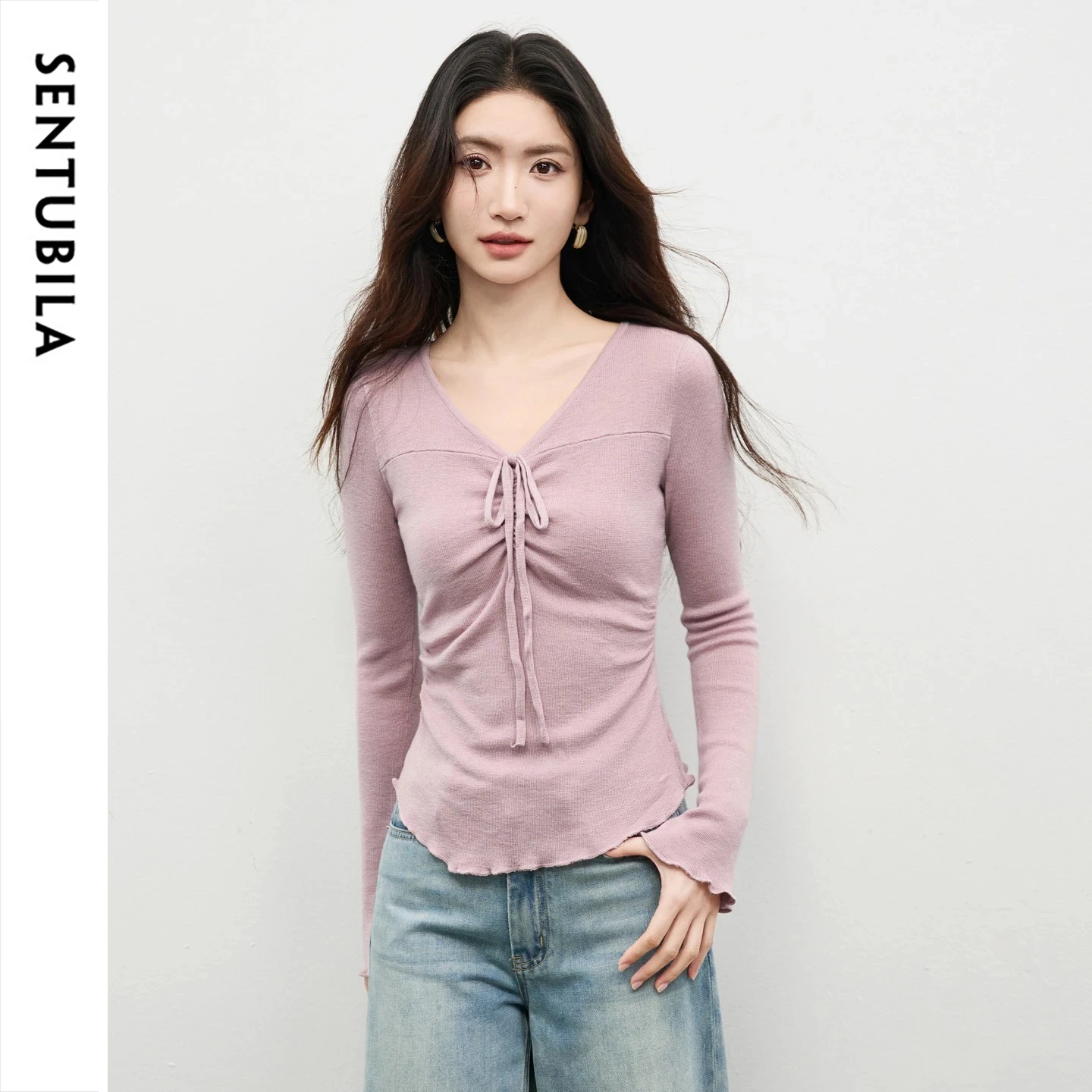 

SETUBILA Women Mulberry Silk Wool Knit Pullover 2026 Spring V-Neck Lace-Up Flare Sleeve Slim Fit Base Shirt Top W61HF5768