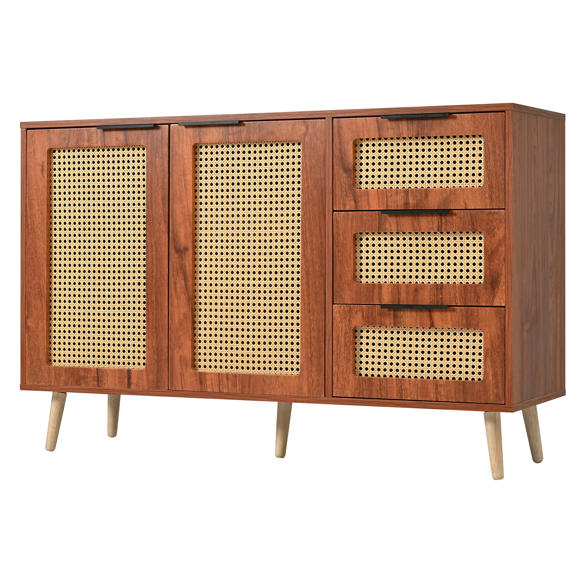 Vintage rattan sideboard with 2 doors and 3 drawers, equipped with black handles for dining room, kitchen and living room