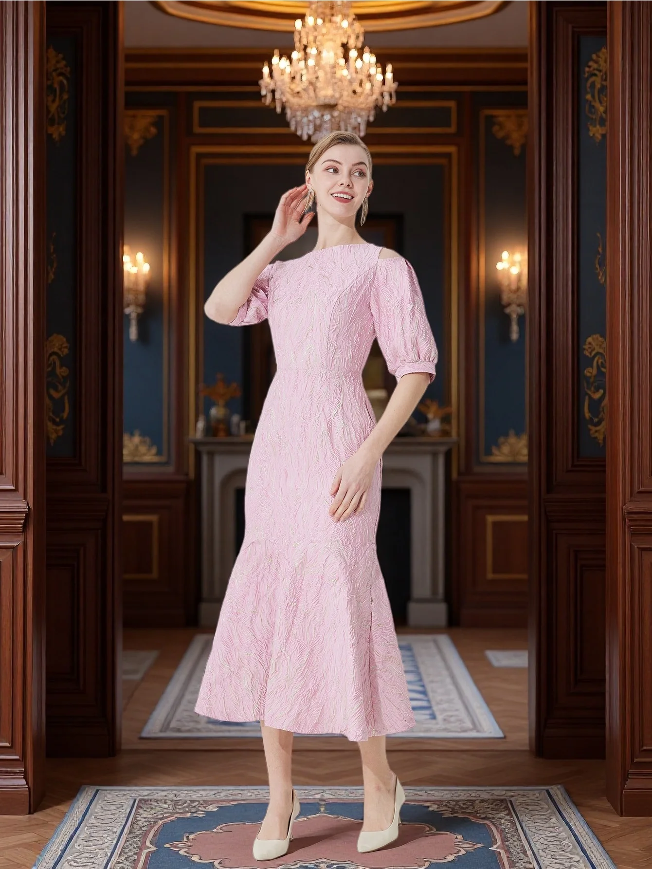 DEVCHATA Women Elegant Jacquard Mermaid Hem Midi Dress Vintage Pink Formal Party Wedding Guest Evening Gown