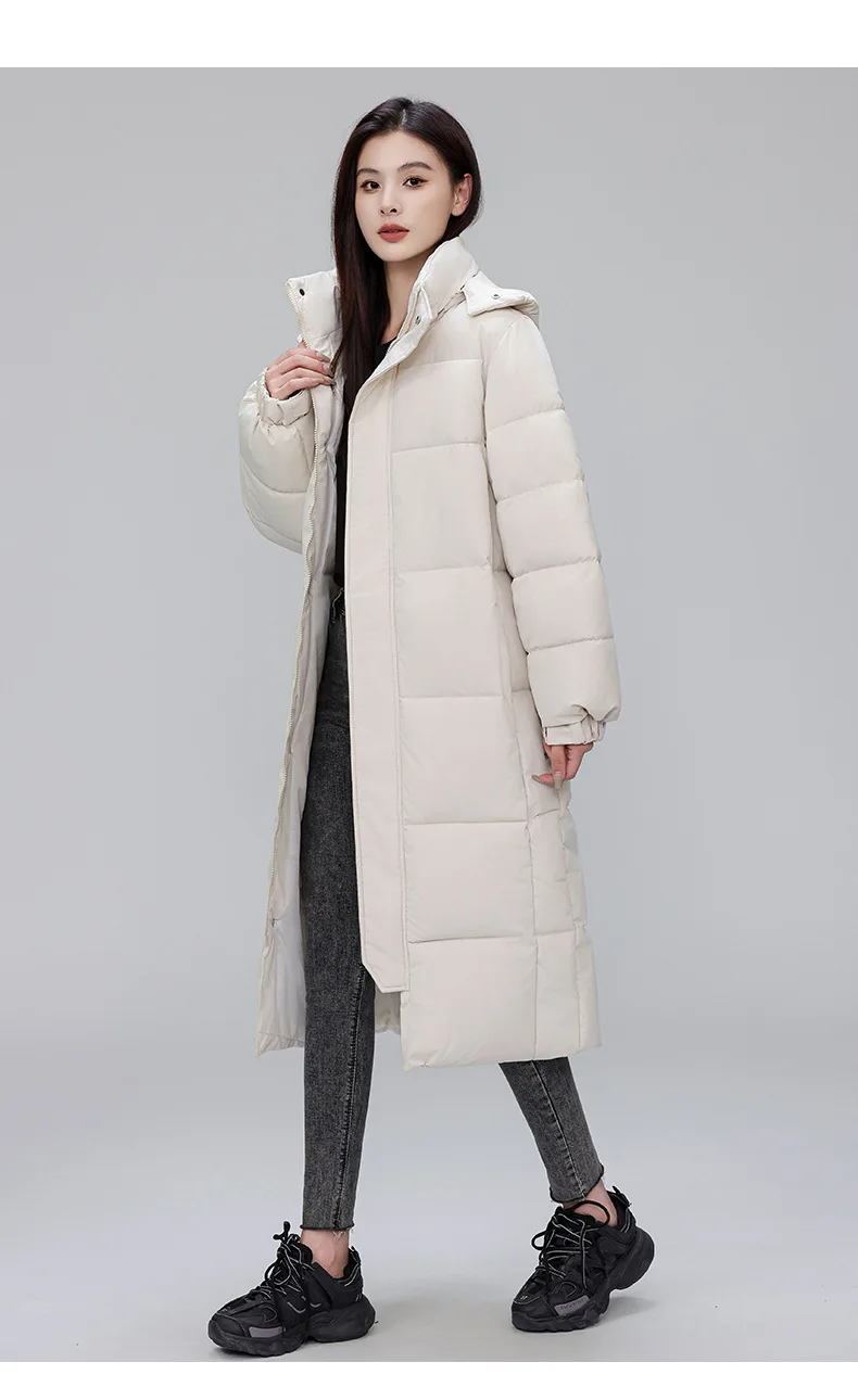 Winter Long Puffer Coat for Women Hooded Quilted Windproof Warm Zip Up Outerwear Russian Cold Weather Snow Jacket Over Knee Cozy