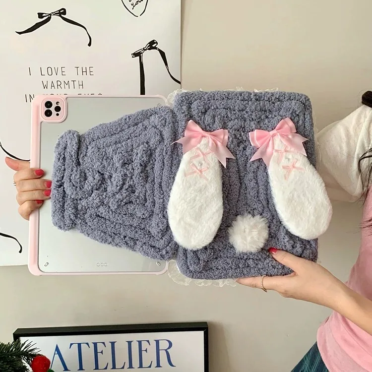 Plush rabbit is suitable for iPad protective case, anti-bending with pen slot, 360-degree rotating anti-fall tablet cover