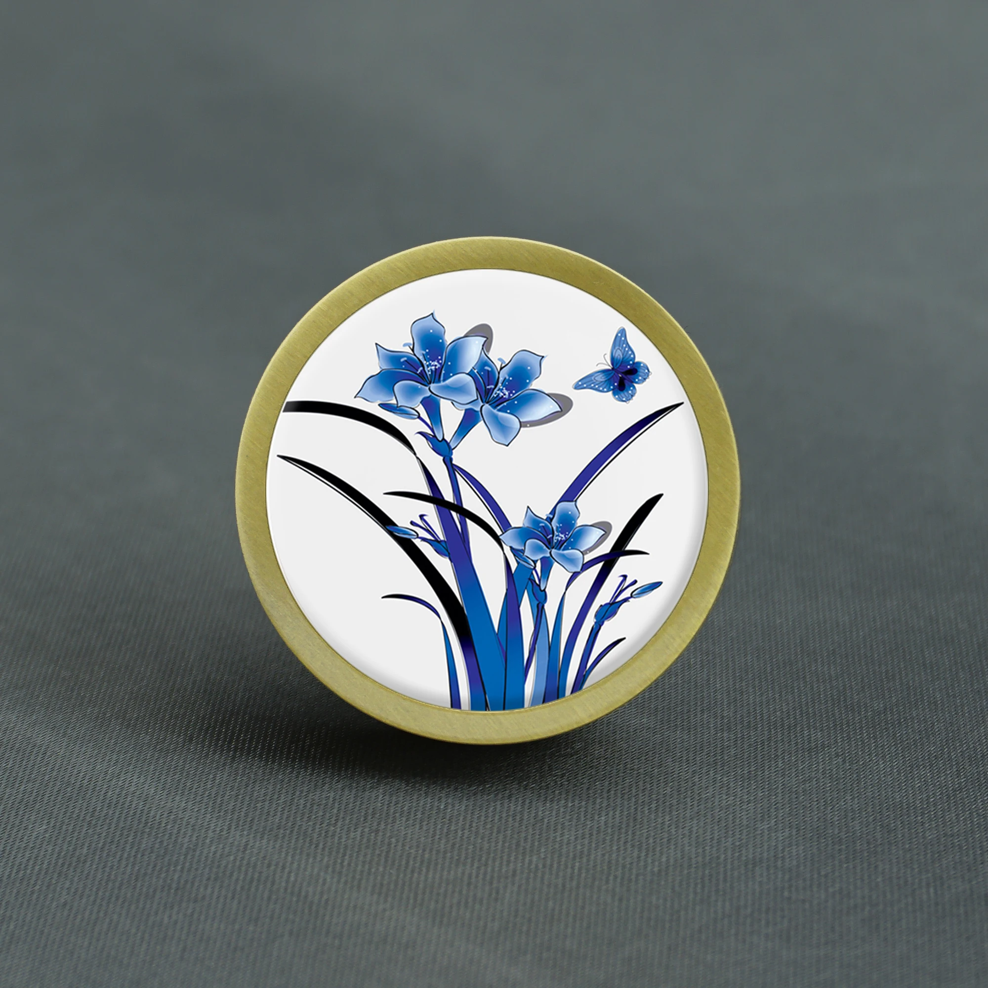Brass Round Knobs for Cabinets and Drawers Home Decor Blue Flower Cabinet Handles Kitchen Cupboard Door Pulls Furniture Hardware