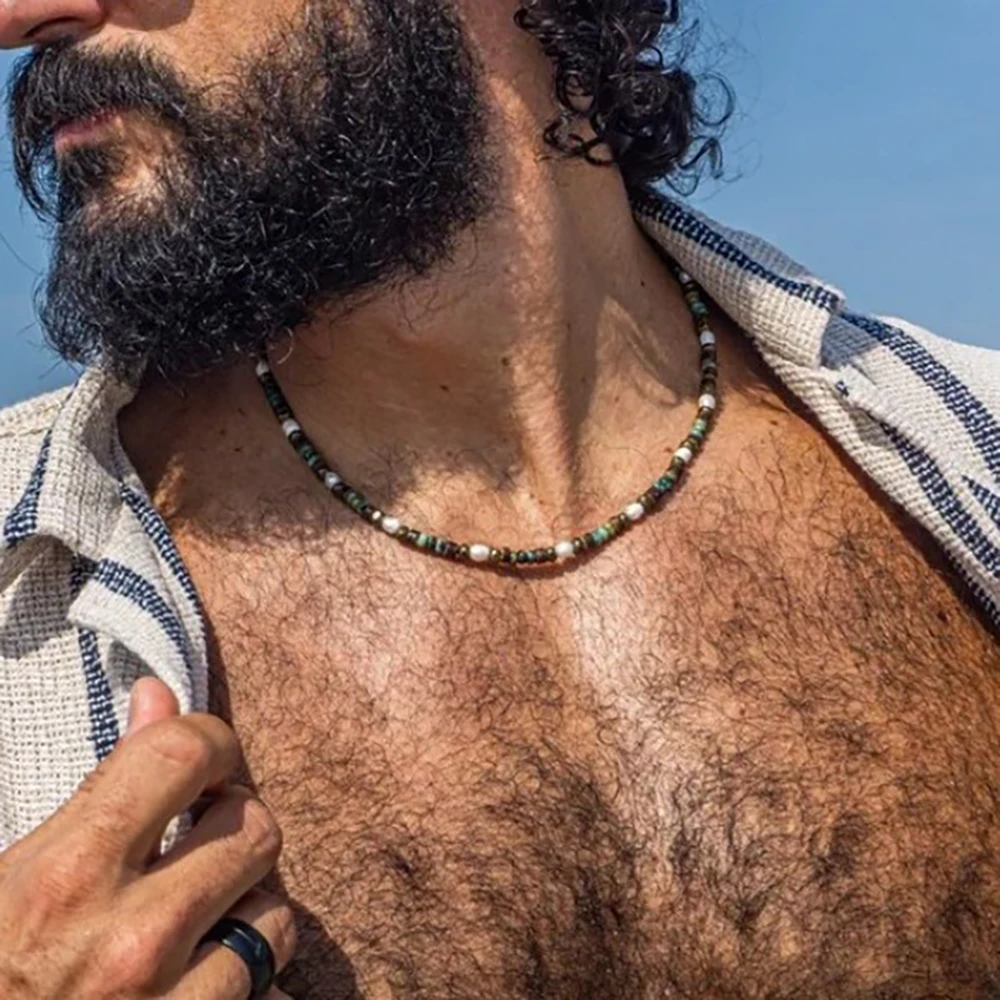 1PC Collana di perle artificiali etniche da uomo estivo per uomo Perline di legno vintage Collana di perline di turchese africano artificiale da uomo