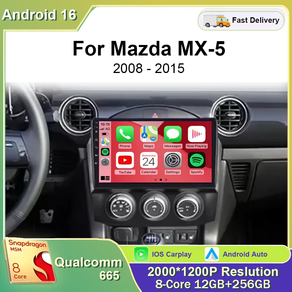 Autoradio Android 16 pour Mazda MX-5 III 3 NC 2008-2015, Carplay sans fil, Navigation multimédia, GPS, unité principale stéréo, écran QLED