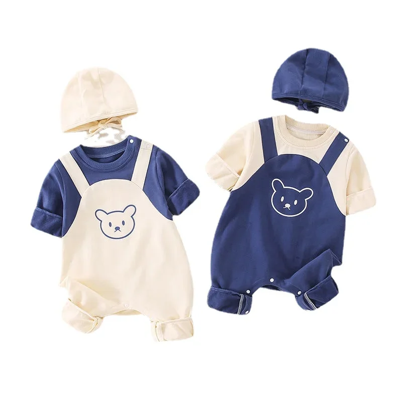 Newborn Baby Bodysuit Boys Girls Fake Two-piece Toddler Clothing with Hat Children Infant Homewear 0-12M