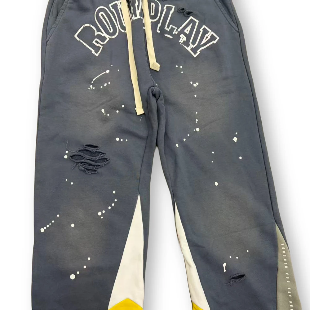 Y2k Streetwear Rock Revival Wide Leg Sweatpants with Patchwork Hiphop Street Style Cotton Vintage Distressed Ripped Causal Pants