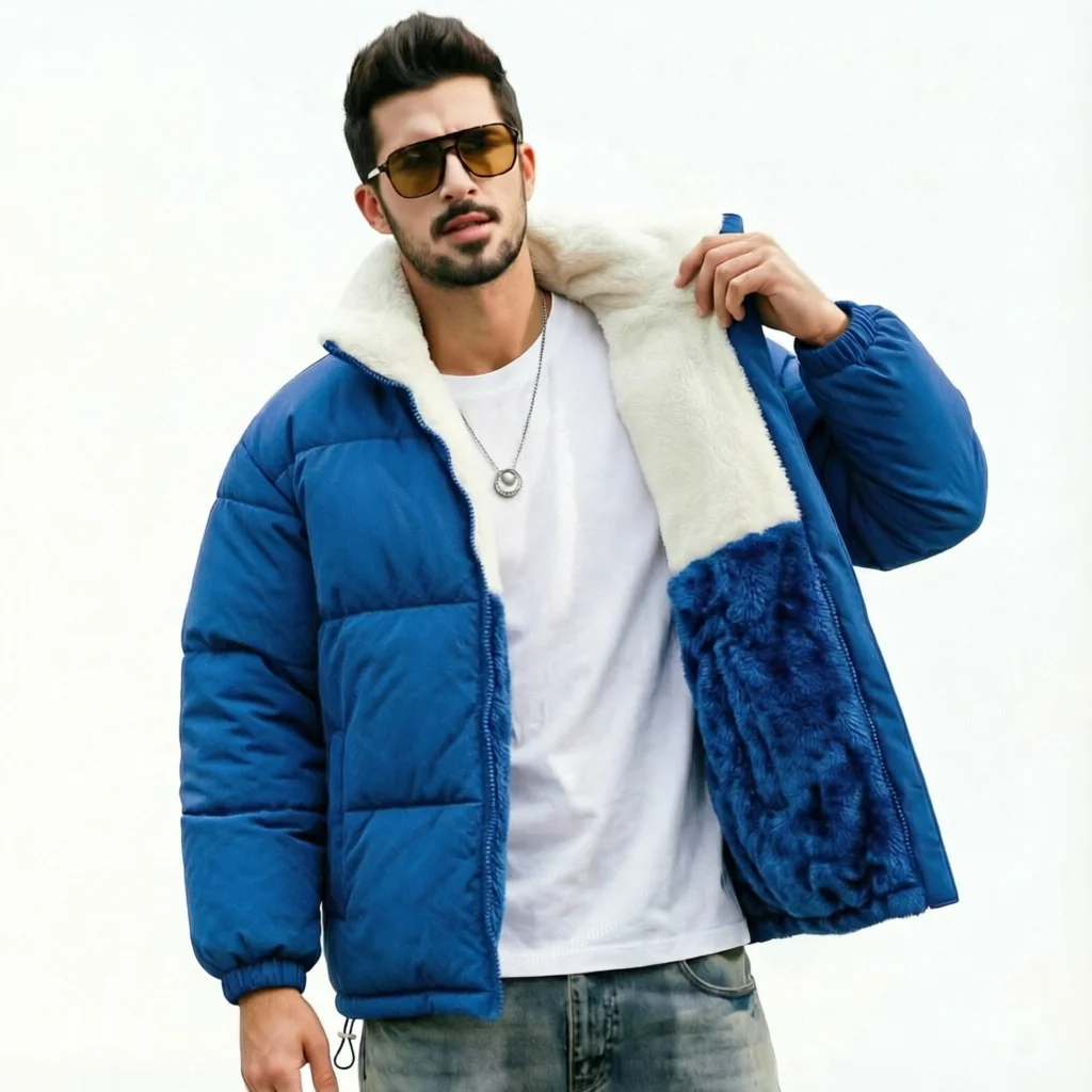 

Double-sided fleece jacket for men, new design with hood, suitable for autumn and winter. Warm outerwear with removable hood, fu