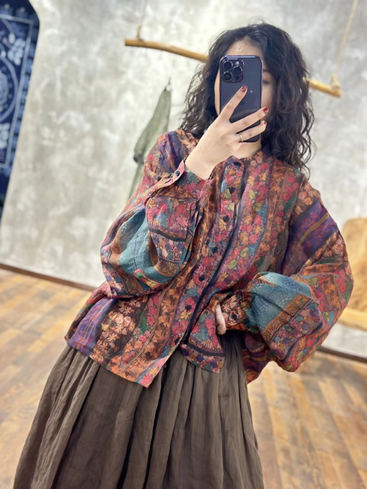 Atasan Cardigan Terbuka Kerah Tegak Model Kelelawar Ukuran Besar dengan Cetakan Warna Kontras Retro dari Kain Linen untuk Wanita Ukuran Plus Musim Gugur