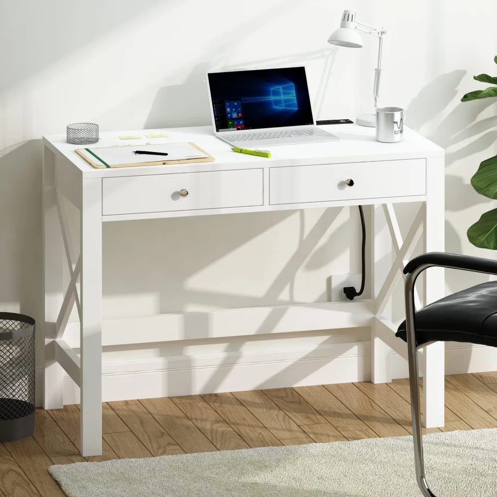 Bureau d'ordinateur avec ports de charge USB et prises de courant, bureau blanc de 39 pouces avec égouts de proximité, table d'écriture d'étude avec cadre en X stable