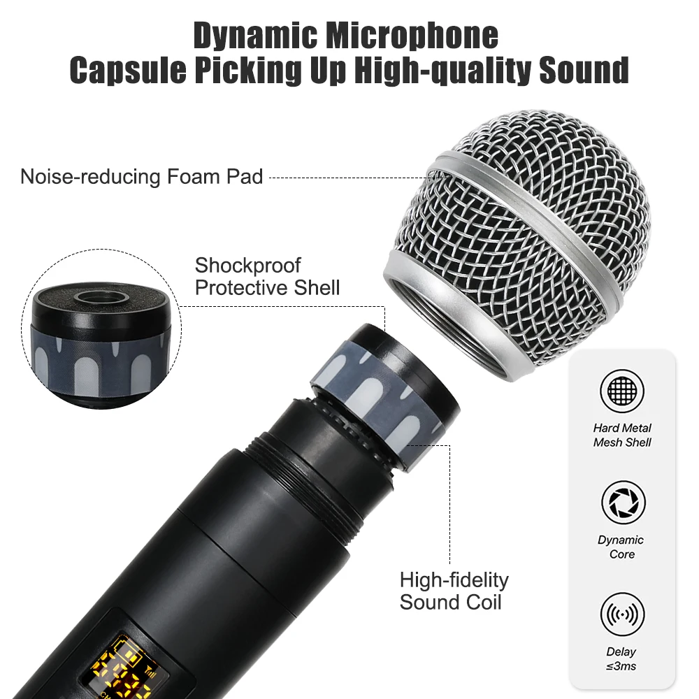 Wireless Microphone with case Frequency Adjustable 50M Dual UHF 1200mAh Rechargeable Karaoke Microphone for Speech Wedding Show