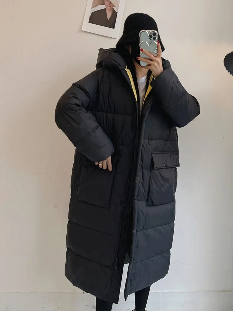 Parkas longas com capuz com bolsos para mulheres, jaqueta branca grossa de pato, casaco puffer quente, outwear solto, novo, inverno, 2023