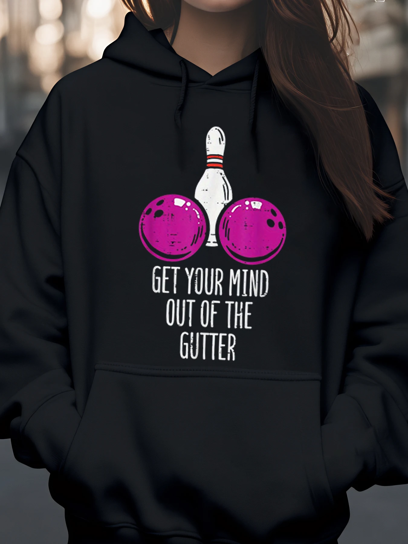 

Толстовка с капюшоном для боулинга и принтом булавок Get Your Mind Out of the Gutter для повседневной женской одежды