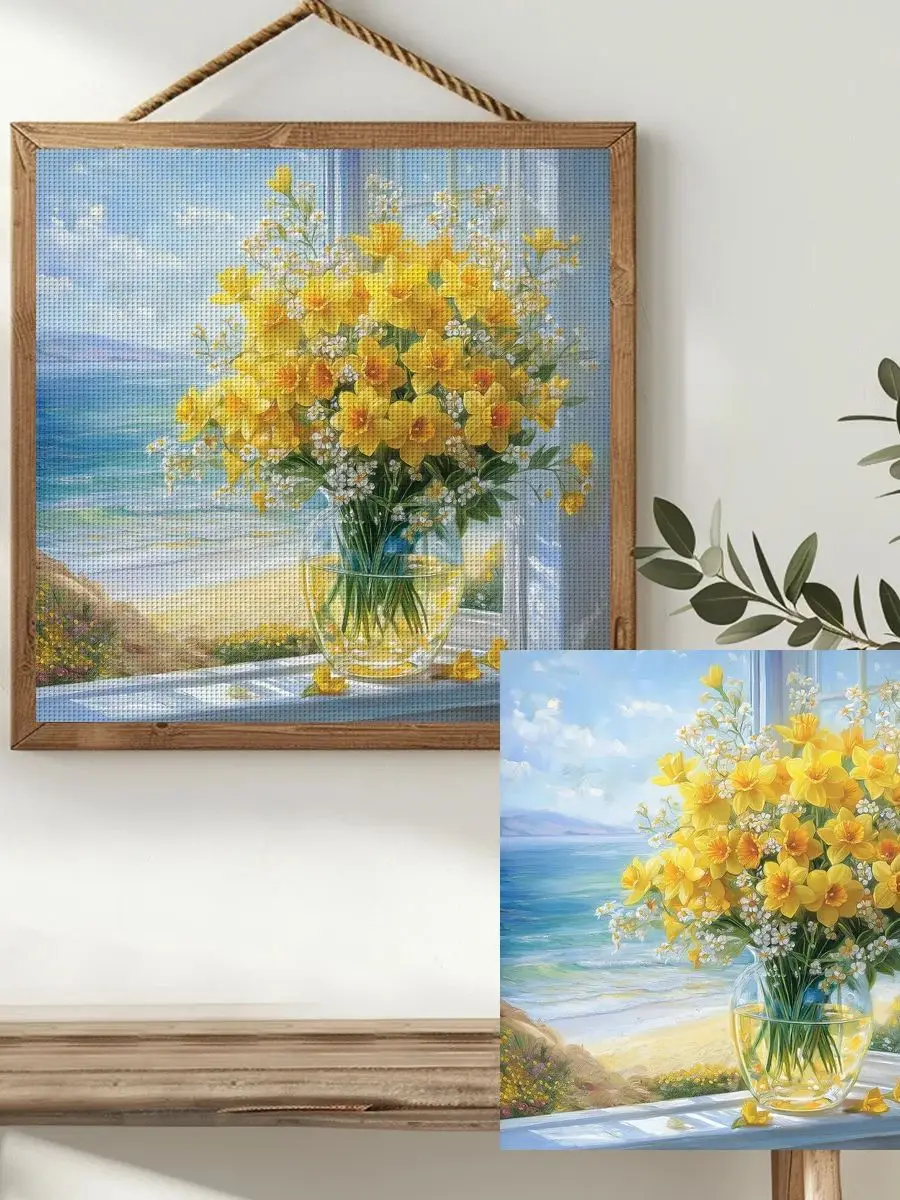 1 Stück 40x40 cm/15,74 Zoll „Vase am Fenster“ gestempeltes Kreuzstich-Set DIY-Kit 11CT/14CT DIY-Stickset DIY-Kreuzstich-Set – Detail 1