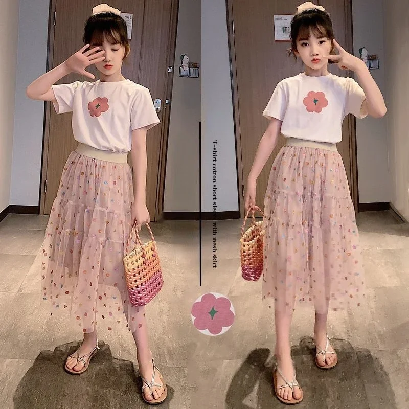 

2026 Fashion Girls Dress Summer Kids T-shirt + Dress 2PCS School Casual Children Short Sleeve Dresses for Girl Teen 8 10 12 Year