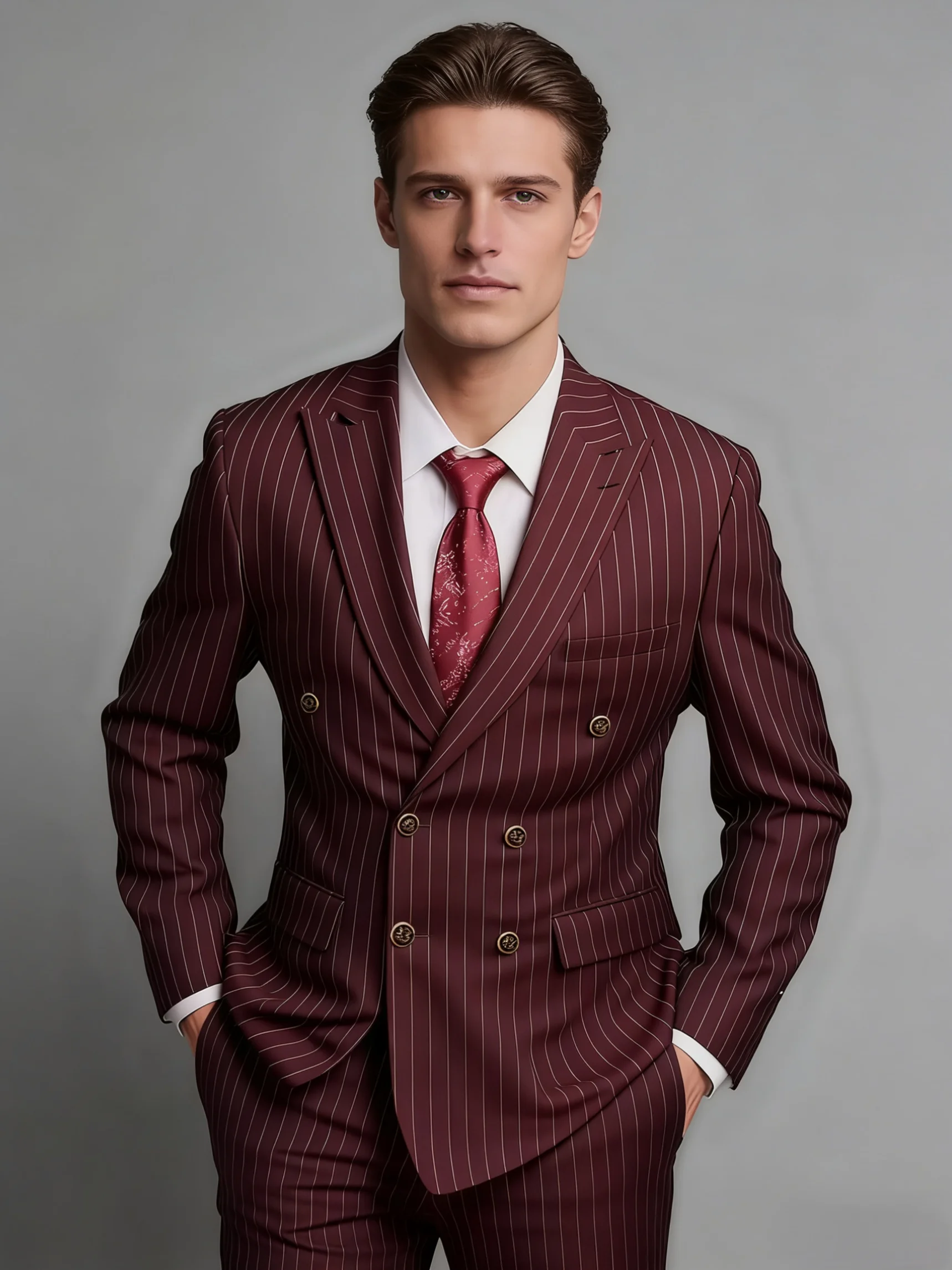 

New 2026 Men's Burgundy Pinstripe Double Breasted Suit 2 Piece - Stand Out at Weddings & Business, Slim Fit Blazer Pants Set