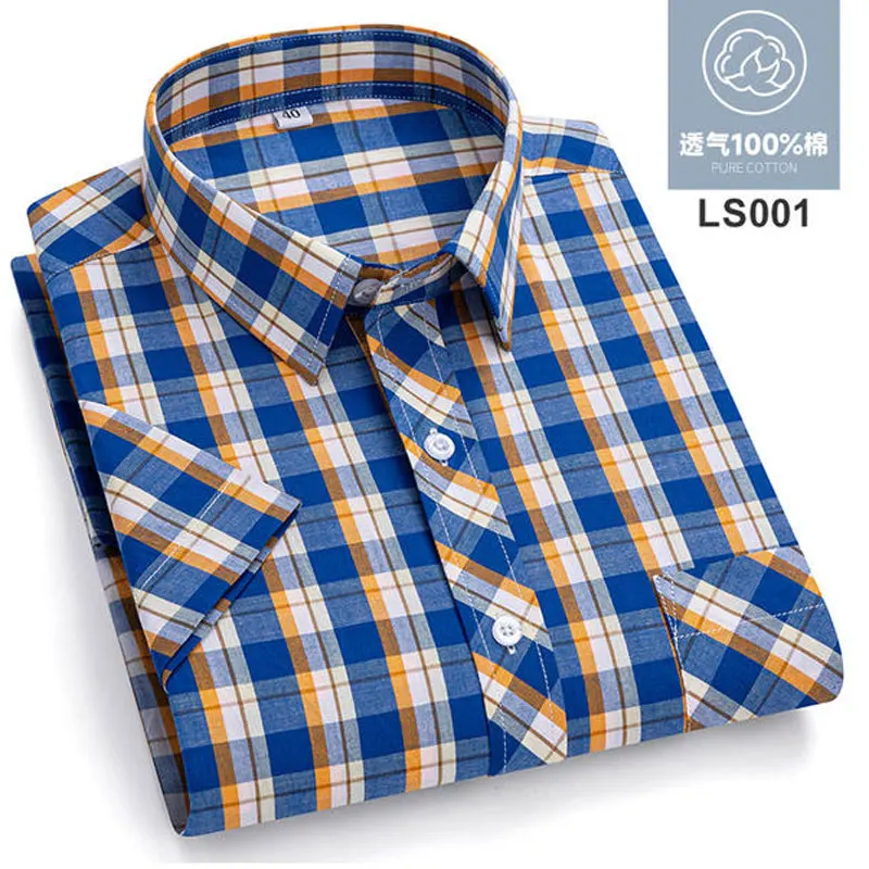 100% cotton 7XL 8XL Men\'s short-sleeved shirt Summer thin breathable plaid casual non-ironing high quality plus size