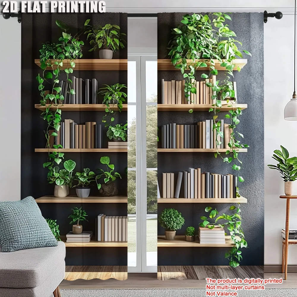 

2pc, Window Curtains Bookshelves and Green Plants Versatile Durable Polyester,Without Electricity Holiday Decorations Use for