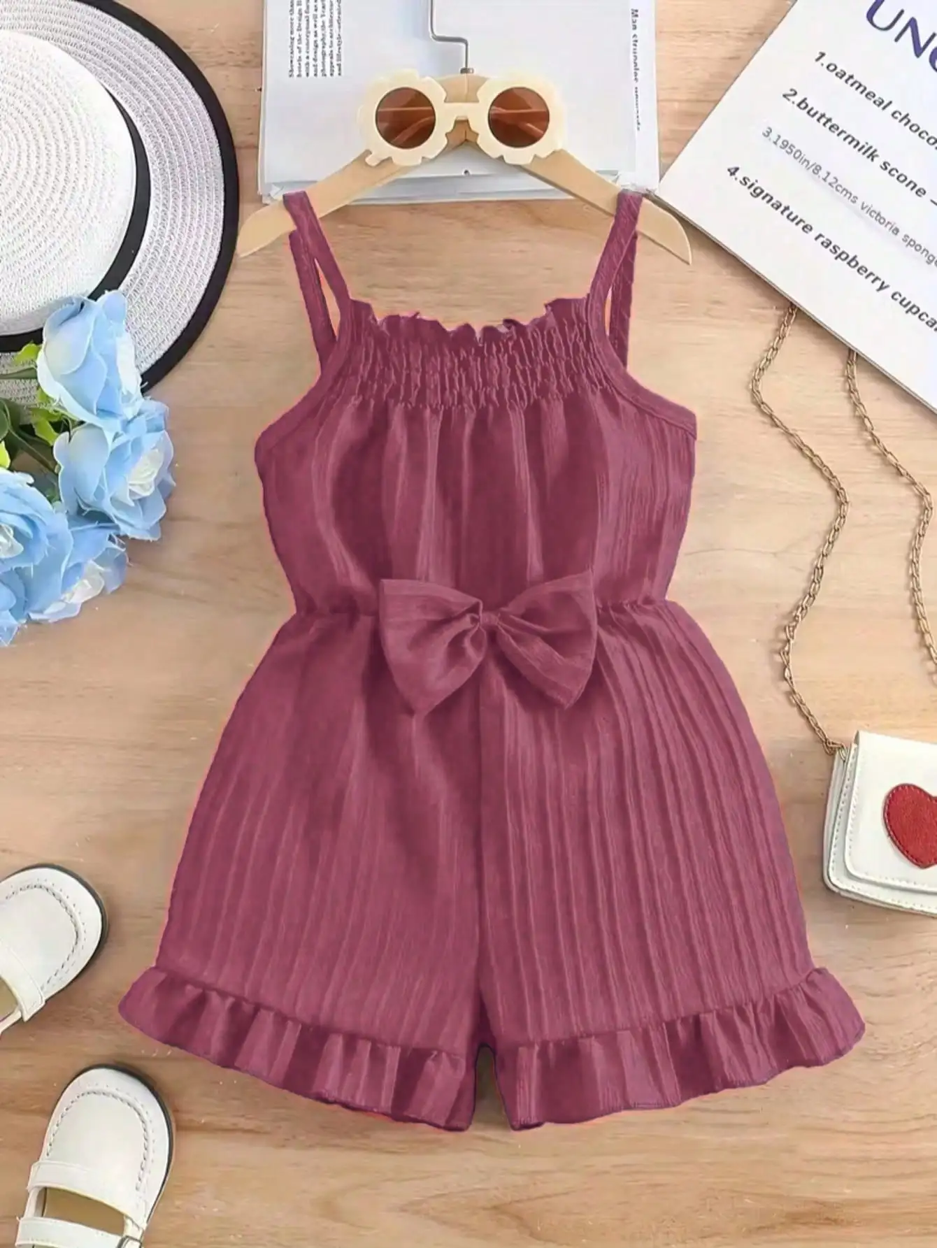 Lässiger, eleganter Overall für Kinder mit Rundhalsausschnitt, Trägern, einfarbig, mit Schleife an der Taille, Shorts, bequeme Passform, Kinderoutfit – Detail 4