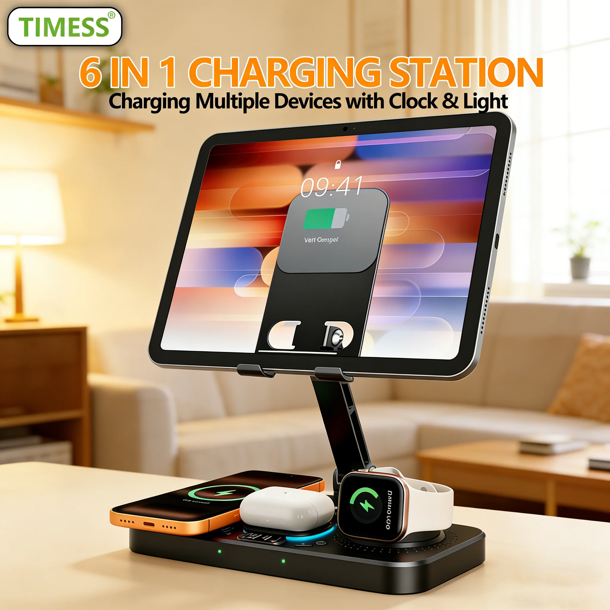 timess-6-in-1充電ステーション-iphone17-16-15対応-時計＆ライト付き-15w急速折りたたみ式有線充電スタンド-ipad-タブレット対応