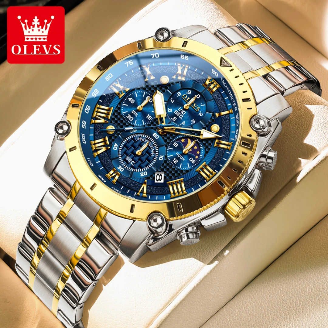 

OLEVS 3689 модные кварцевые часы в подарок с круглым циферблатом из нержавеющей стали, ремешок для часов, наручные часы с фазой Луны, хронограф, календарь