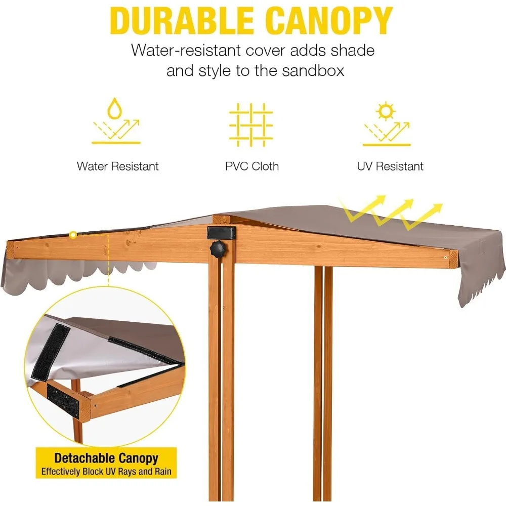 Kids Sand Boxes with Canopy Sandboxes with Covers Foldable Bench Seats, Children Outdoor Wooden Playset