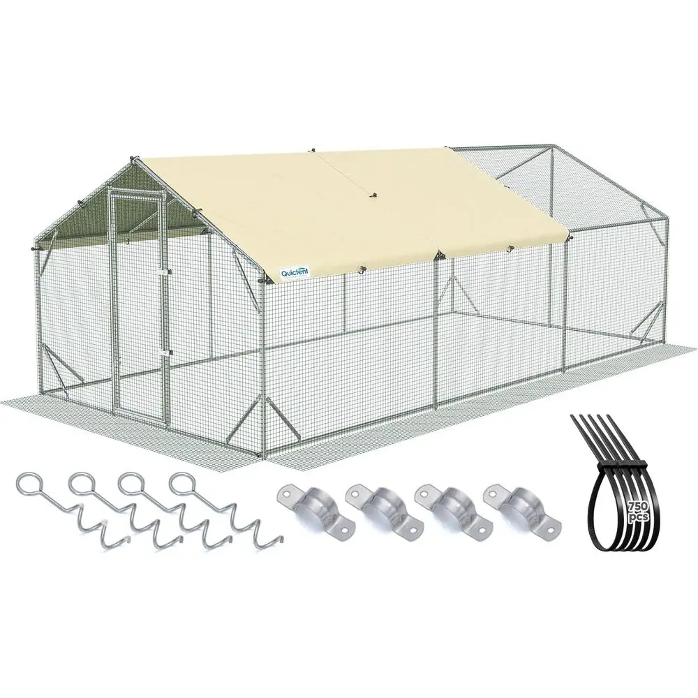 

Large Metal Chicken Coop with Reinforced Mesh & Galvanized Tubing, Weatherproof Cover, 19.7x9.8x6.6ft