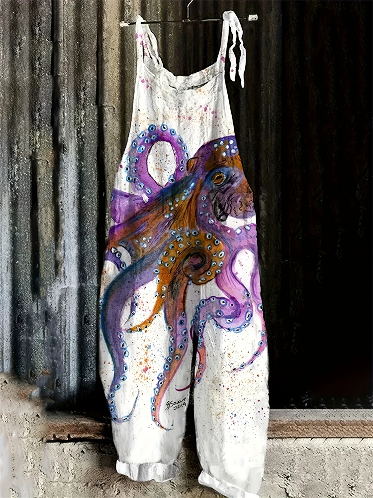 

Fashion Deep Sea Octopus Three-dimensional Printing Jumpsuit Loose Comfortable Casual Halter Jumpsuit Women's Large Size