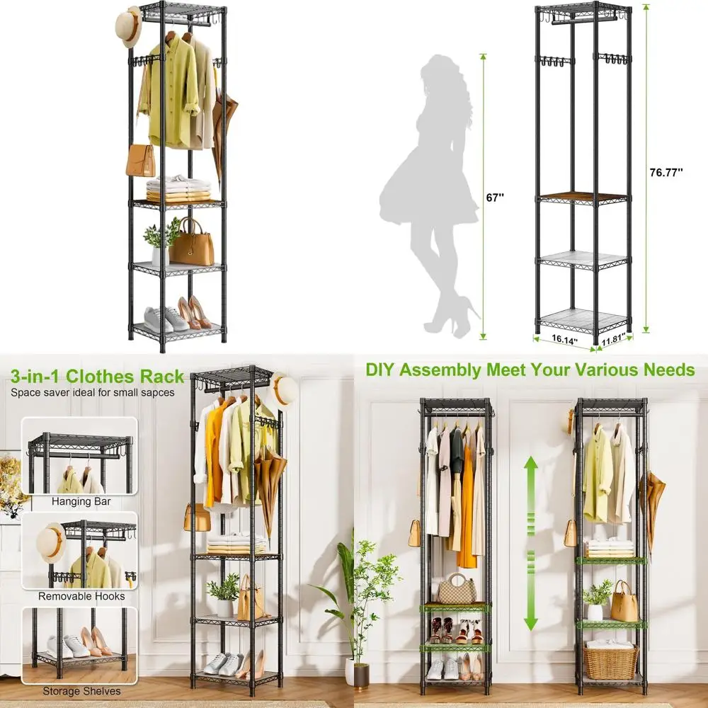 

Heavy-Duty Hanging Clothes Rack with Storage Shelves, Suitable for Entryway, Hallway, Bedroom, Max Load 448 Lbs, Black