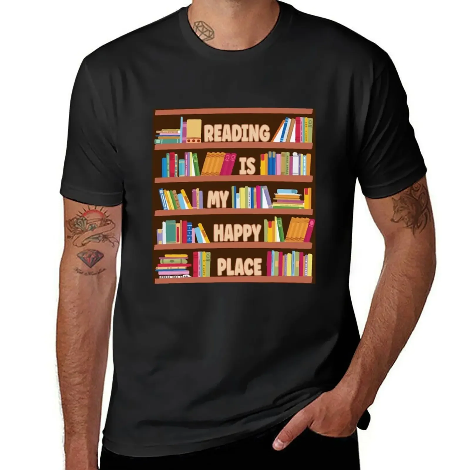 Books are my happy place Bookshelf T-Shirt oversized t shirt graphic t shirts blue archive t shirts for men cotton