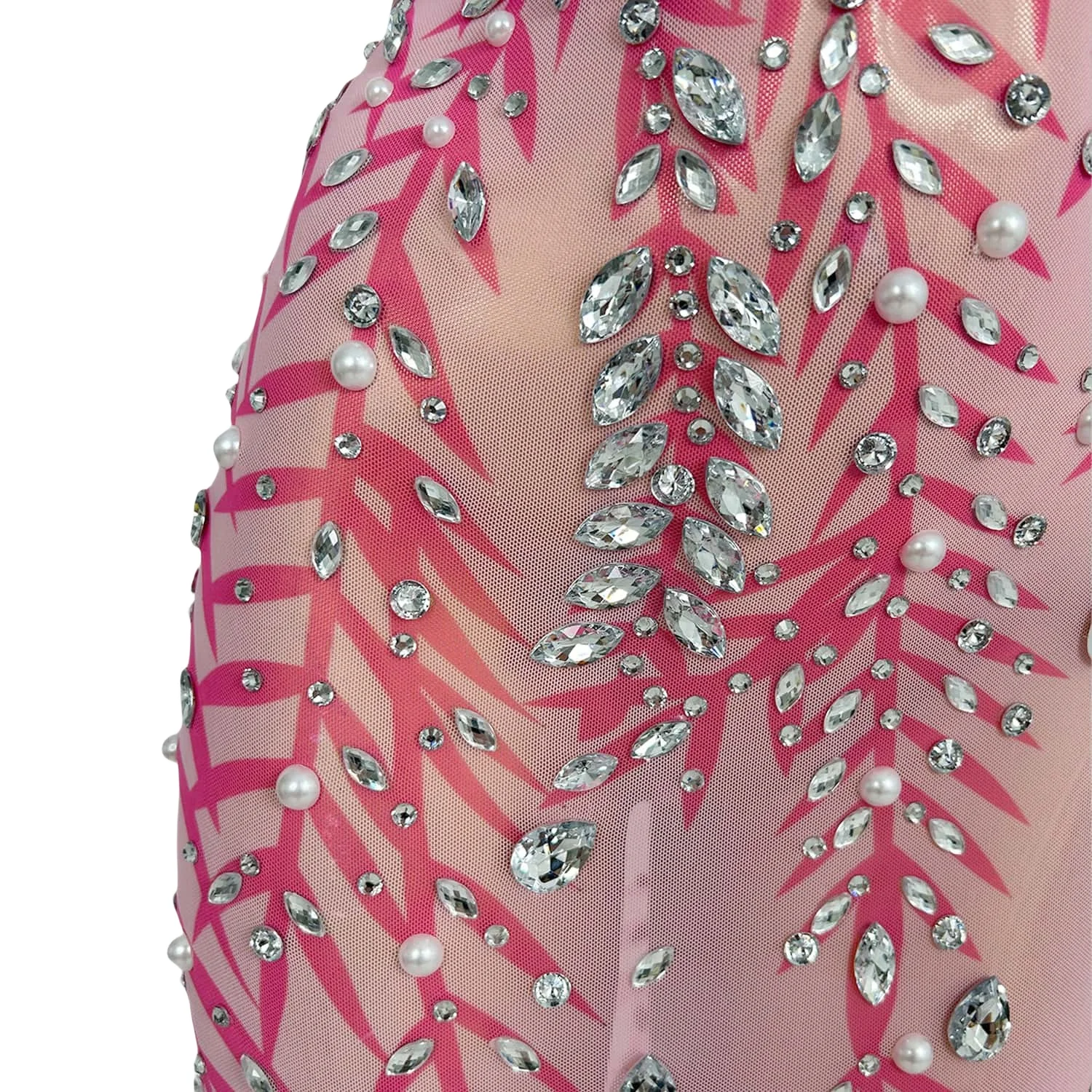 

Sparkly Floral Rhinestones Transparent Pink Evening Long Dress Women Birthday Celebrate Pearls Dresses Dancer Prom Party Dress