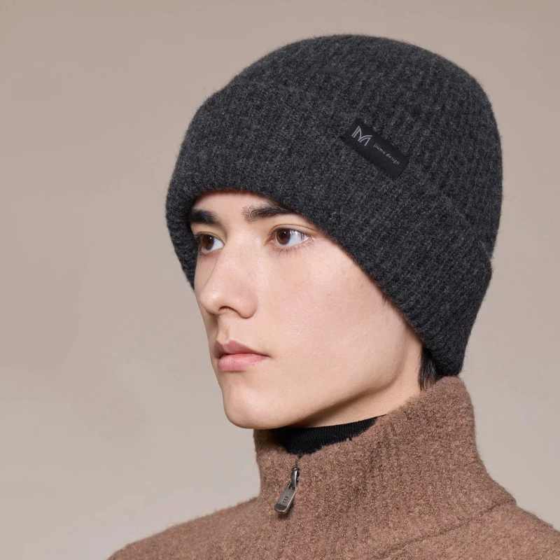 Men Large Head Cashmere Beanie, Double‑Layer Thickened Warm Ear Flap Winter Wool Knit Skull Cap for Cold Northeast Weather
