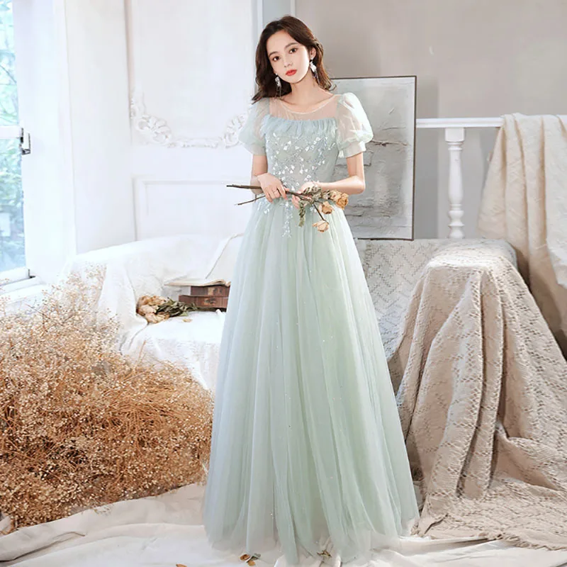 

Charming Bridesmaid Dress Applique Sequin Lace Puff Sleeve Tulle Evening Dress O-Neck Fairy Temperament Wedding Party Gown Grace