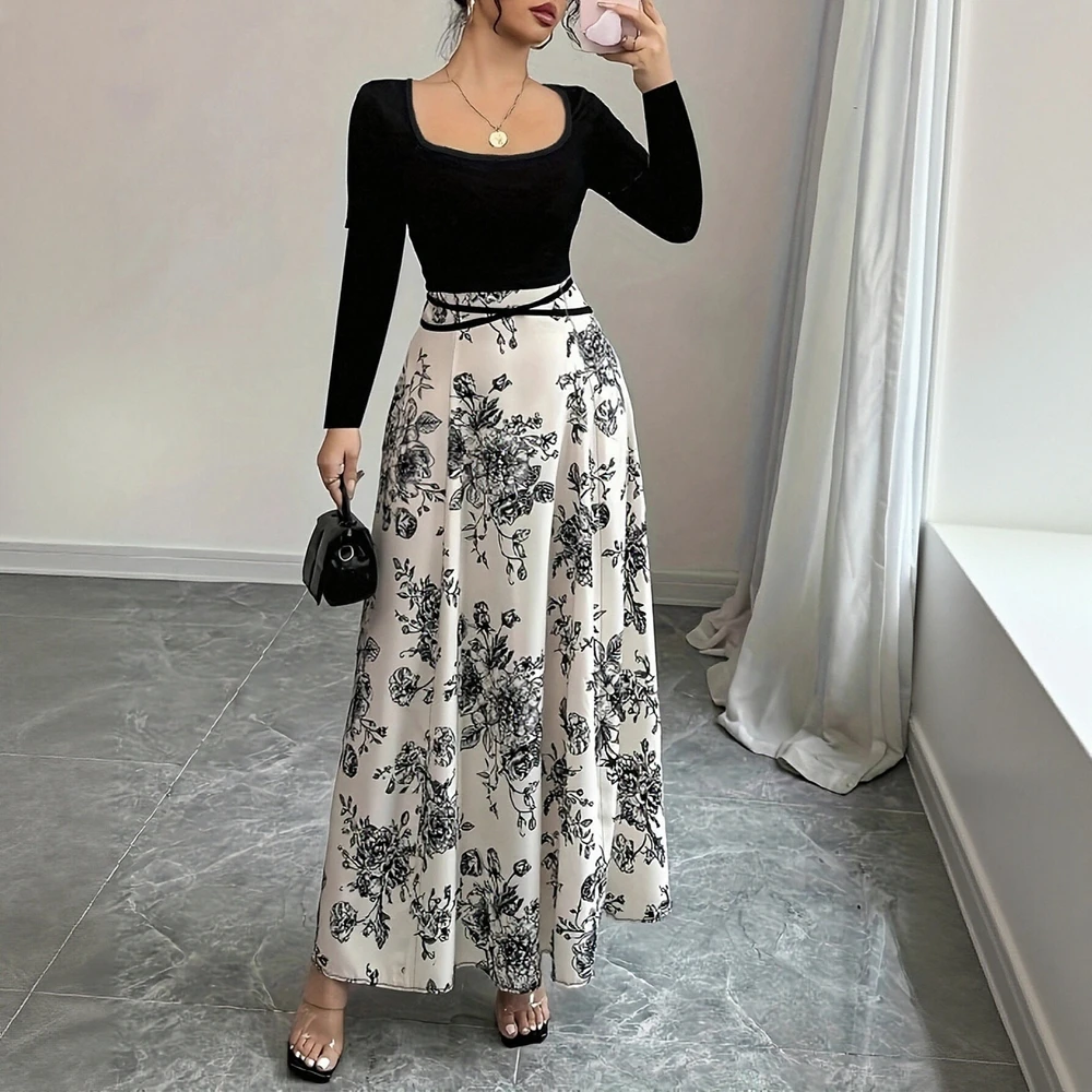 Business Casual Long Straight Tube Dress Round Neckline Tie Waist Commute Appropriate Women's Skirt Fashionable Office Wear