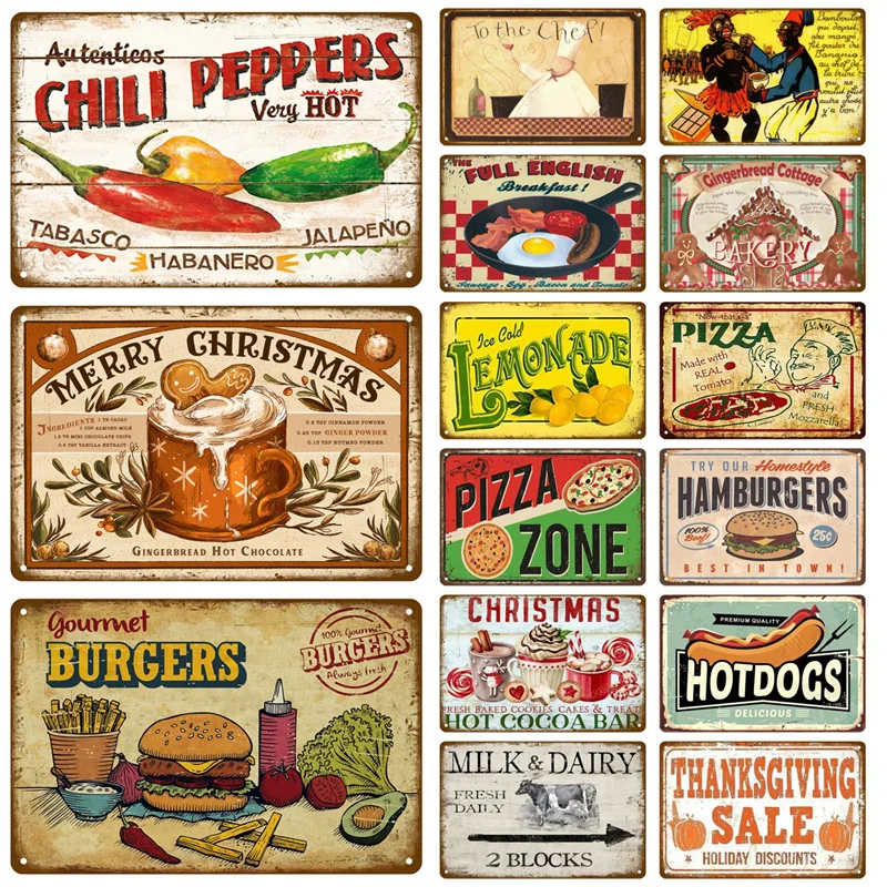 Vintage Aluminium Gourmet Burger Fries Tin Sign, Beige Retro Food Sketch Wall Decor for Diner & Kitchen Home