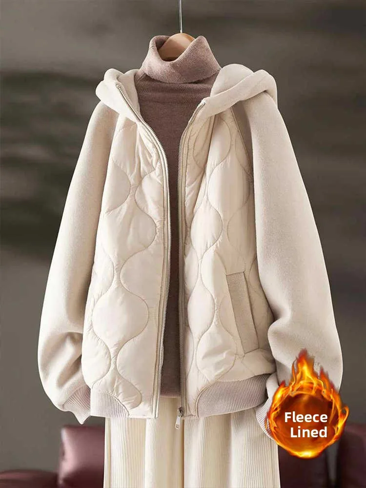

Women's ort Thiened Cotton Jaet 2024 Winter New Sle Casual Loose Splicing Hooded Sweatirt Coat Straight Tube pe