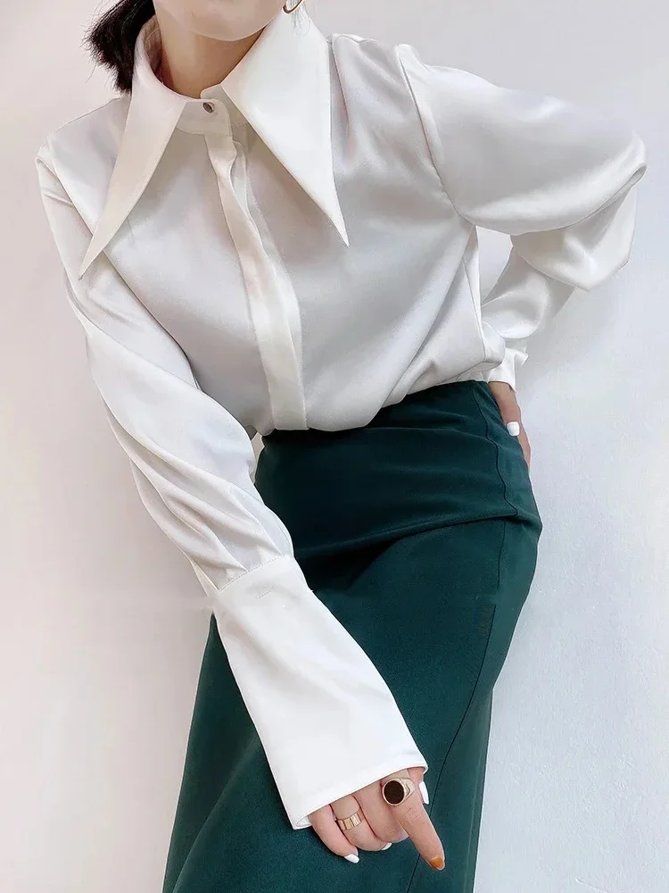 Vintage Turn Down Collar Satin Women Shirts Office Ladies Elegant Long Sleeve Blouse Lantern Sleeve Tops