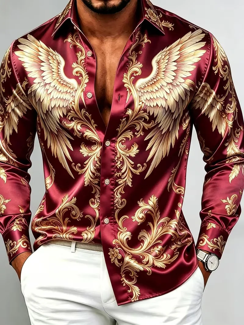 New Rock Portrait Baroque Geometric Composite Printed Long-Sleeved Shirt with a Smooth Drape and Satin Lapel for Men
