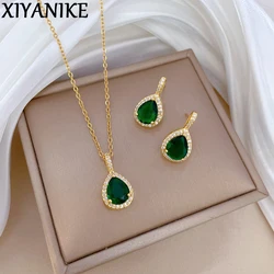 XIYANIKE 316L Stainless Steell Necklace Earring Set For Women Water Droplet Green Zircon Crystal Pendant Necklace Ear Studs