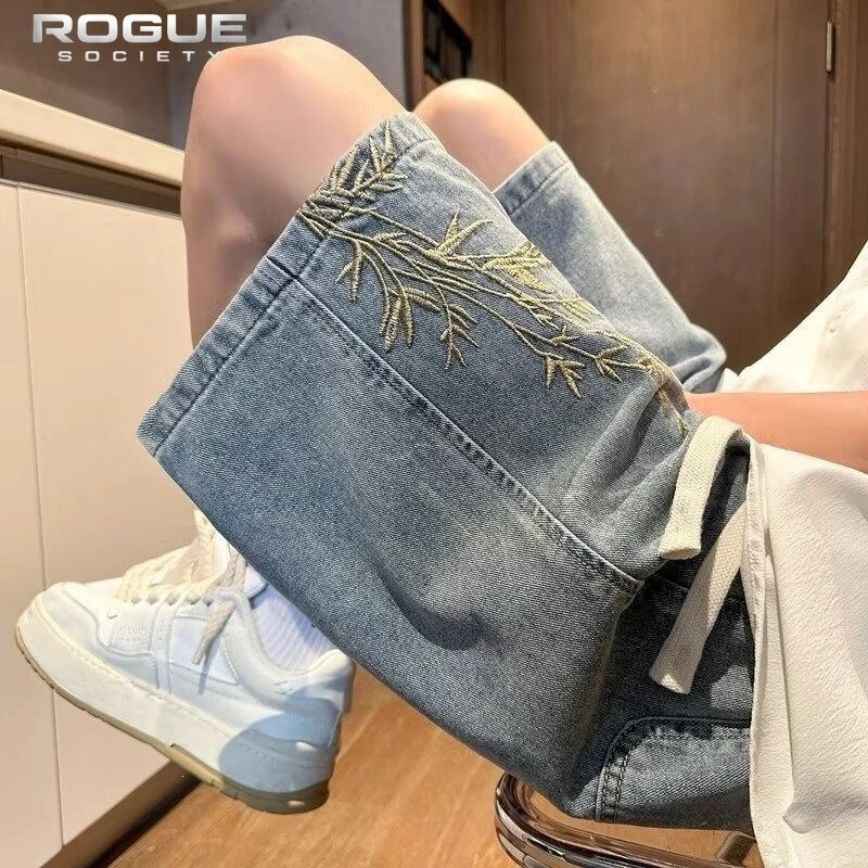 Sport Harajuku Summer Jorts American Street Vintage Men Women Denim Shorts Bamboo Embroidery Drawstring Loose Y2k Washed Casual