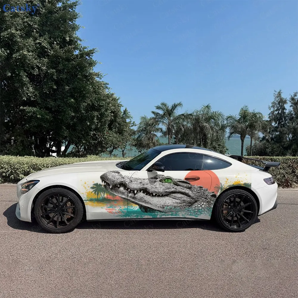 

2pcs Water Color Crocodile Walk Wild Blade, Fade-resistant, Enhance Vehicle Aesthetics With Bold Artistic Design Car Vinyl Wraps