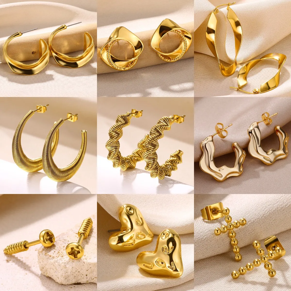 Classic C-shaped Stainless Steel Pierced Earrings Gold Color Geometric Openwork Earrings Retro Vacation Jewellery Free shipping